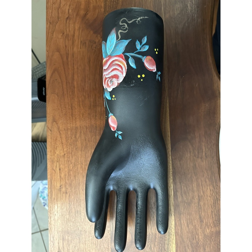 18" Black Ceramic Hand With Floral Design Art Decor Eccentric Sculpture